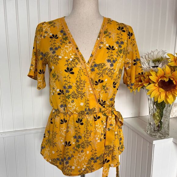 Yellow Floral Top Faux Wrap - Picture 1 of 8